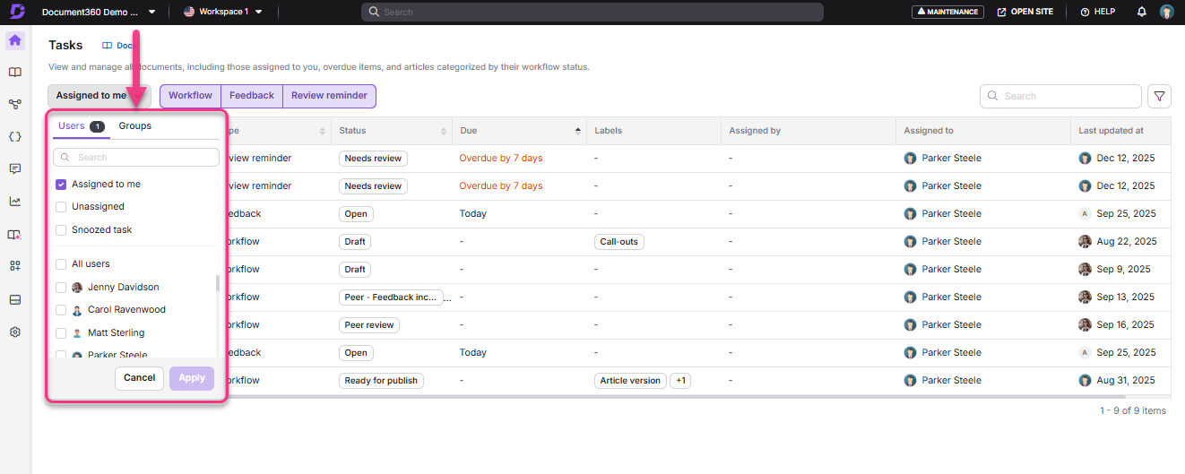 Task management interface showing assigned users and their statuses for review.