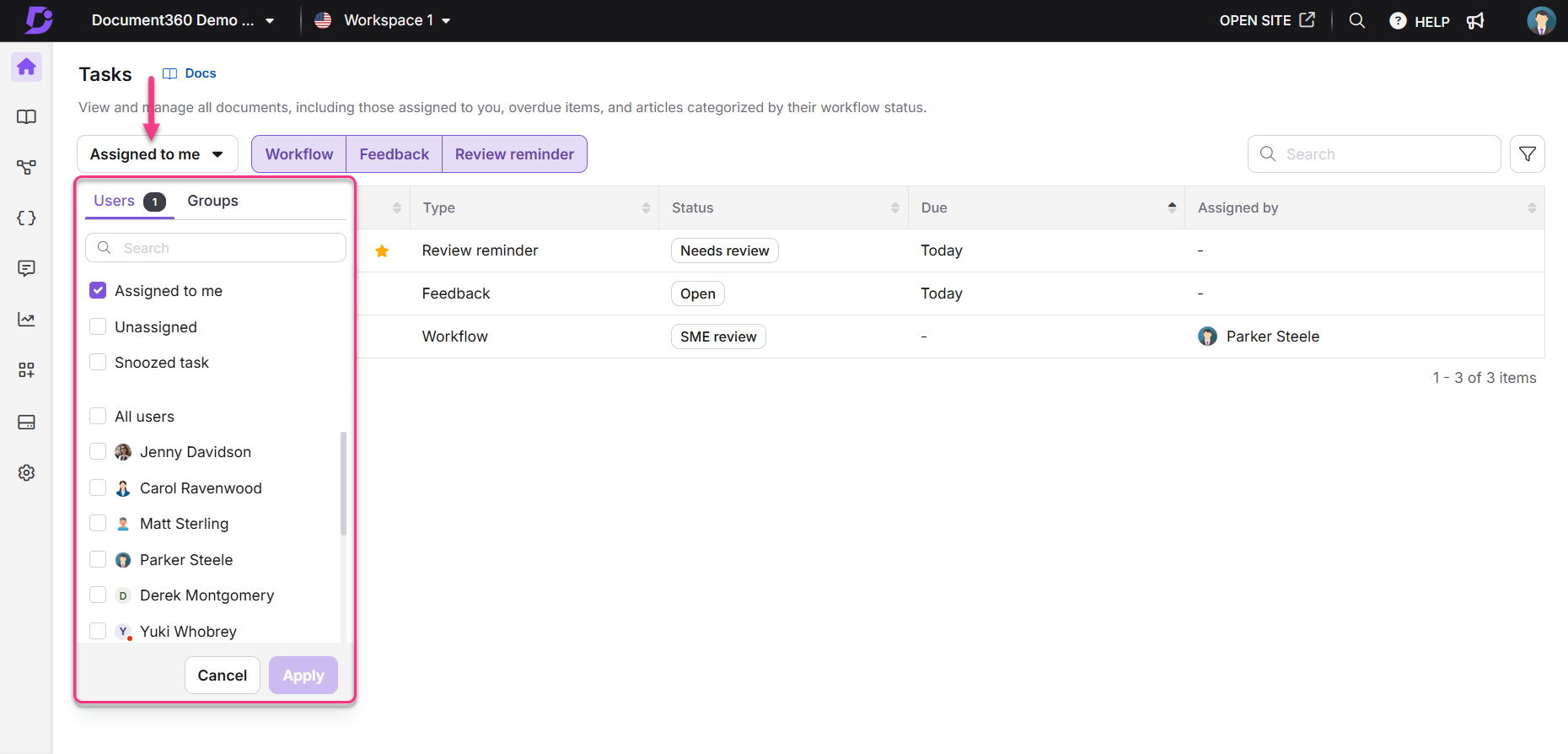 Task management interface showing assigned tasks and user options for filtering.
