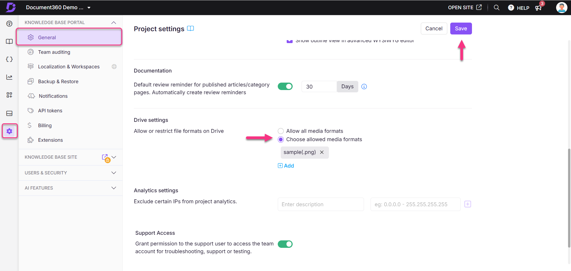 Settings menu showing options for project settings and file format restrictions.