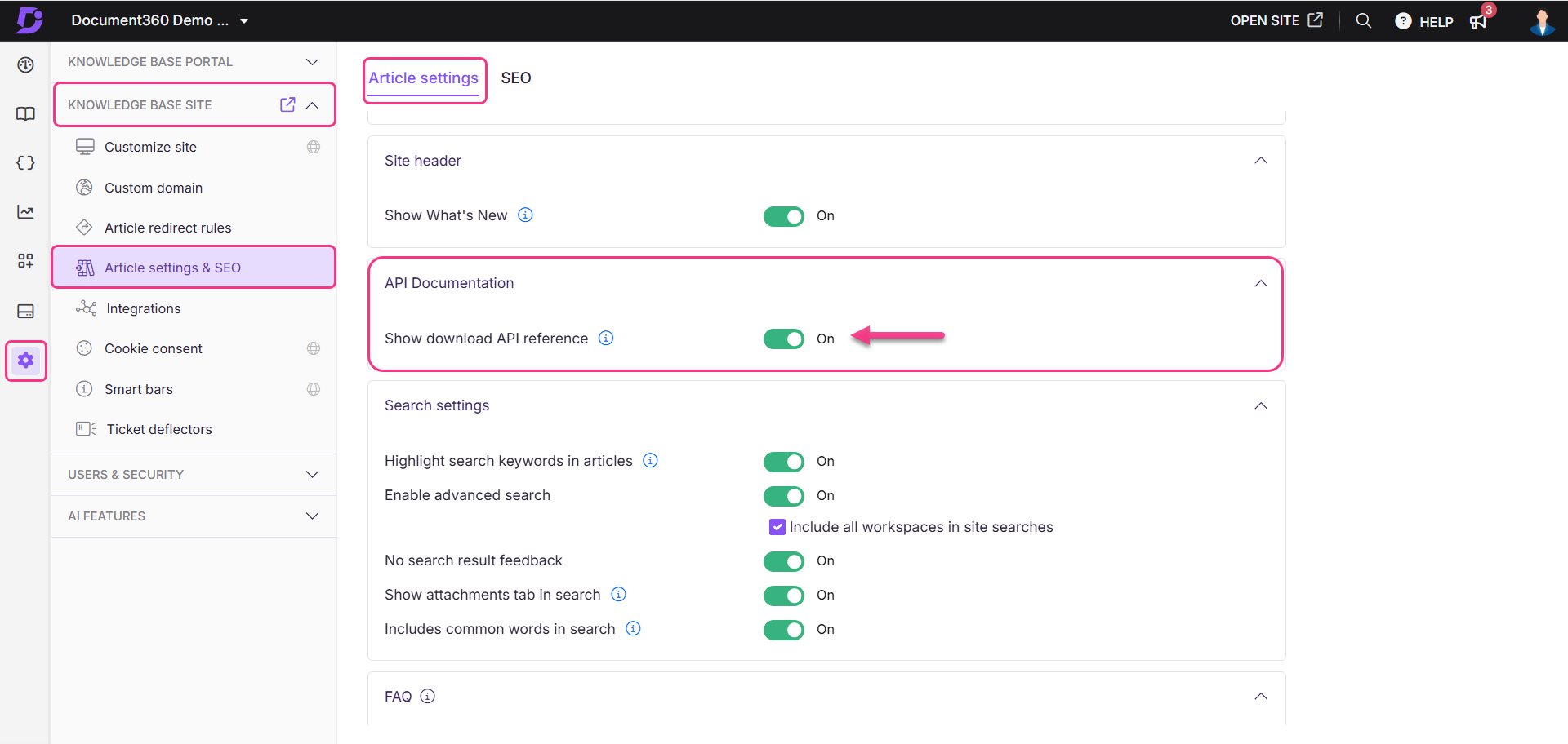Image showing the toggle to Show download API reference