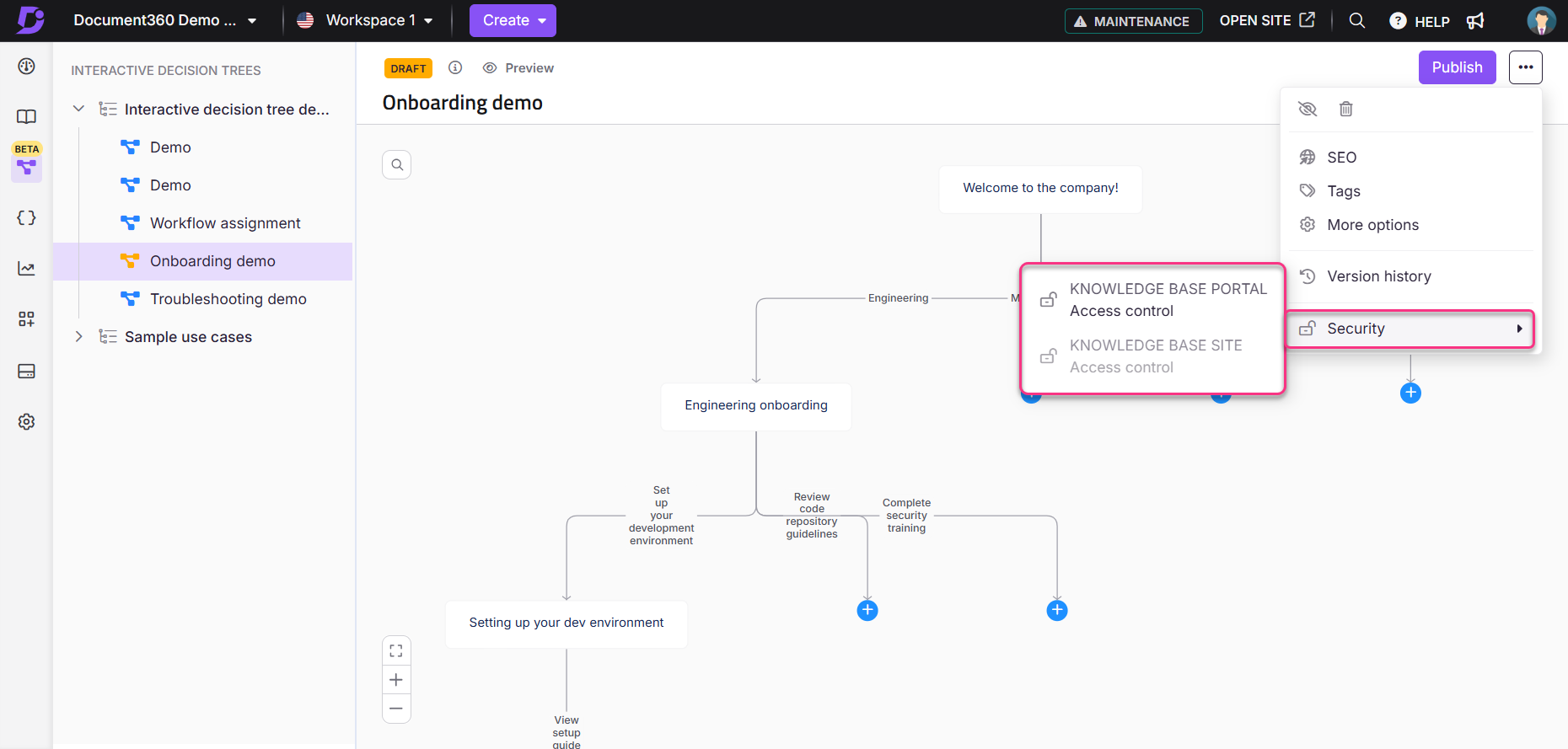 Onboarding demo interface showing knowledge base access and security training options.