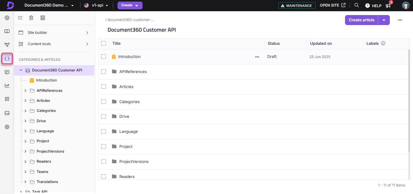 Document360 interface showing categories and articles for API documentation management.