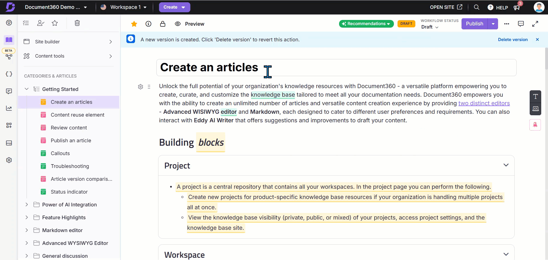Document360 shows how to unlock an article from the editor.