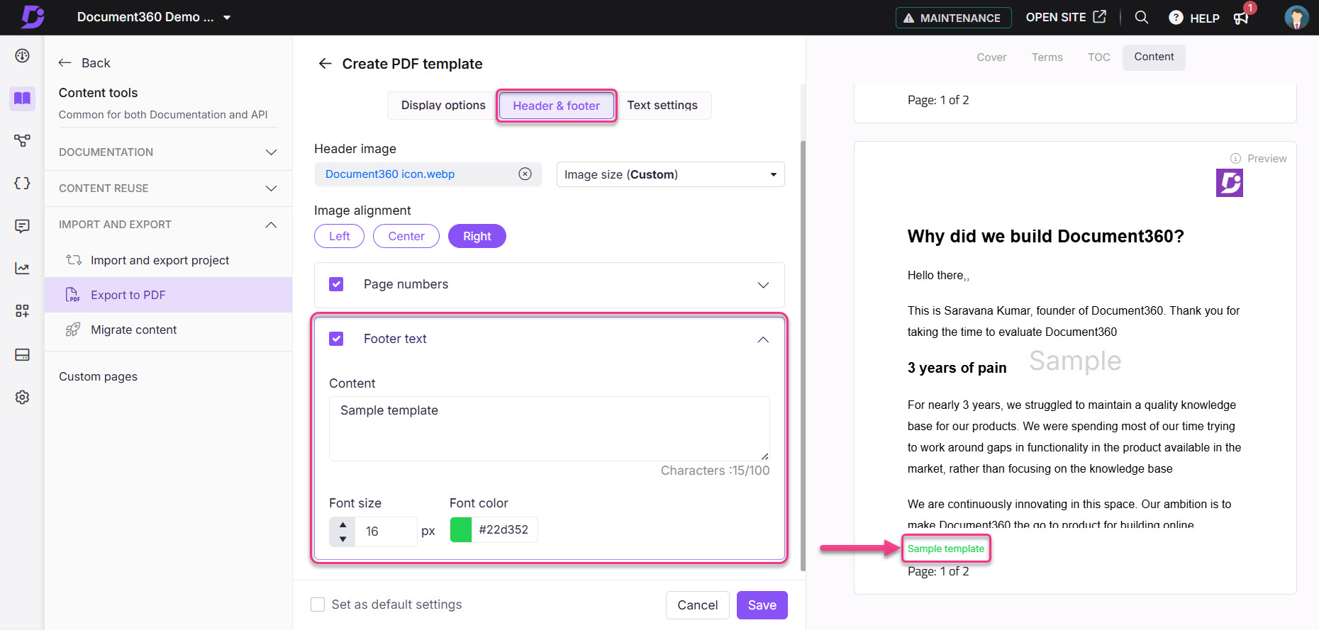 Document360 PDF template settings with highlighted footer text and page number options.