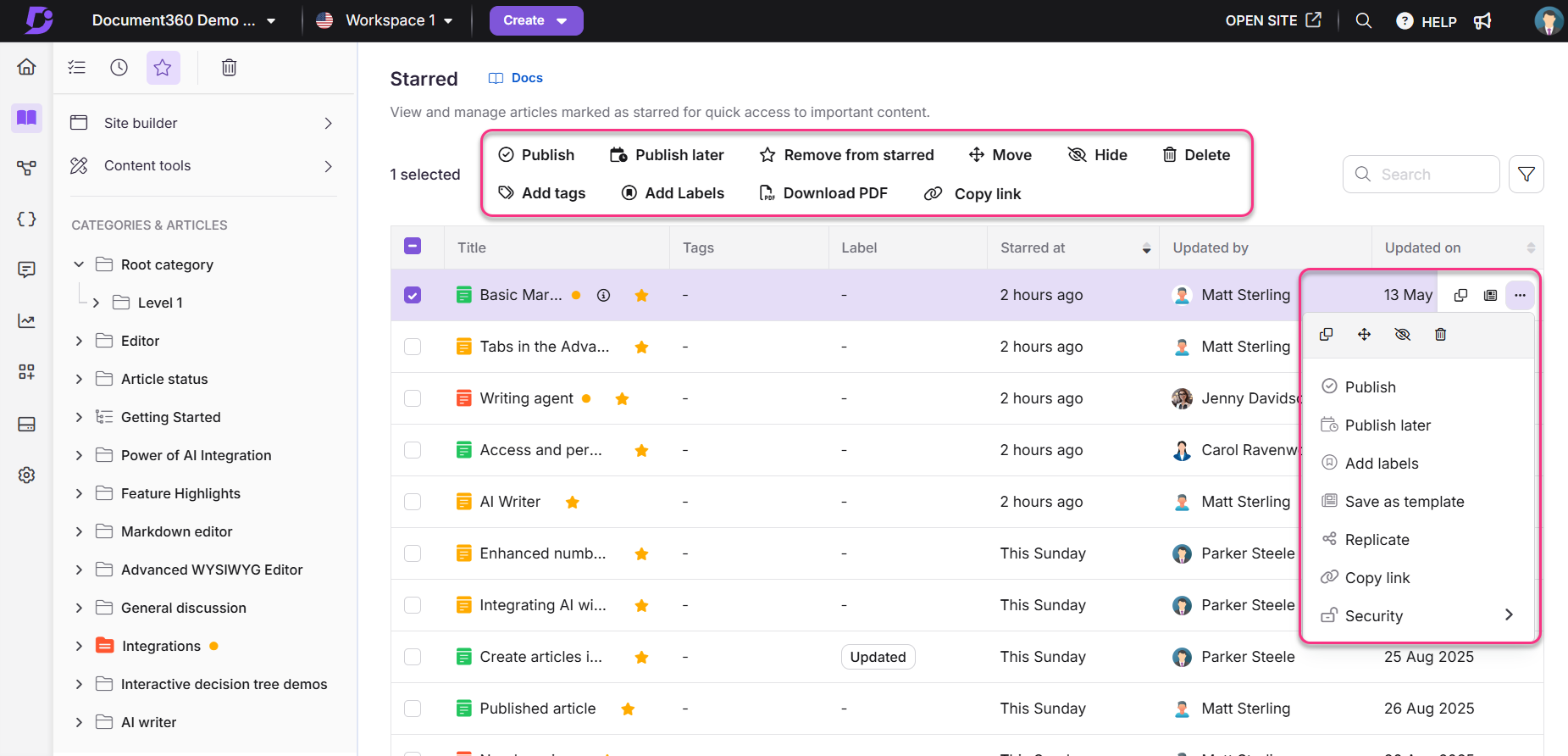 Document360 interface showing starred articles with various management options and article details.