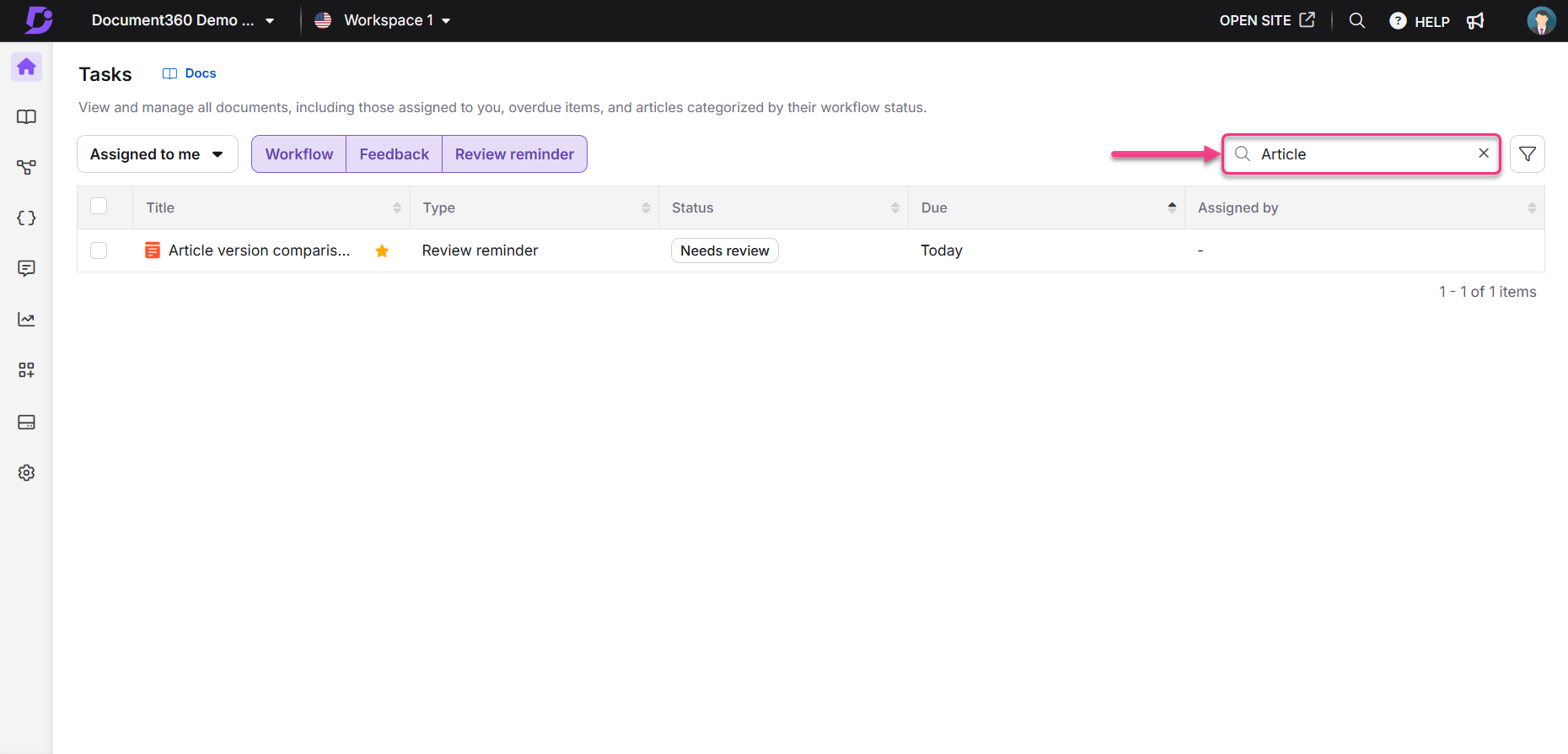 Task management interface showing article review reminders and search functionality.