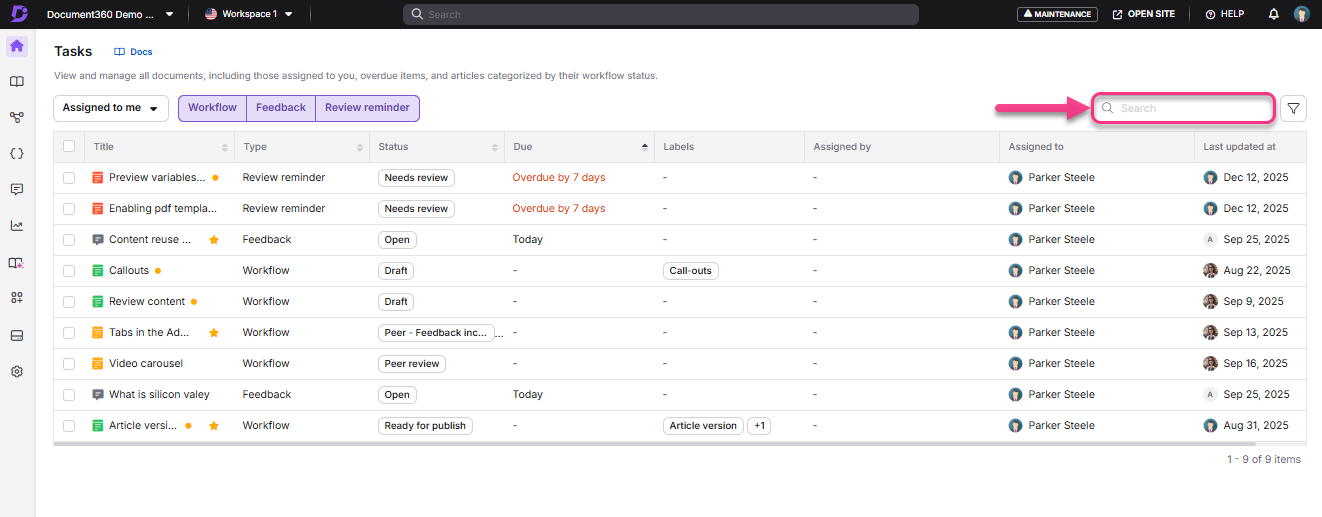 Task management interface displaying various tasks, statuses, and assigned users.