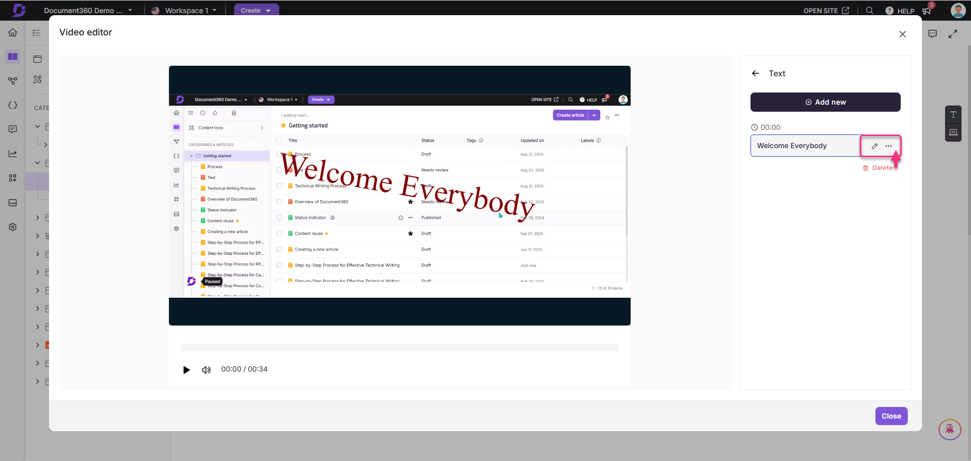 Video editor interface displaying a welcome message and article list for Document360.