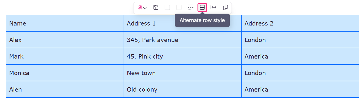 Image showing the option to set alternate row styles to a table