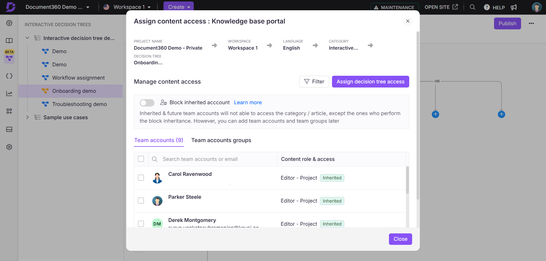 Assigning content access in Document360's knowledge base portal for team accounts.