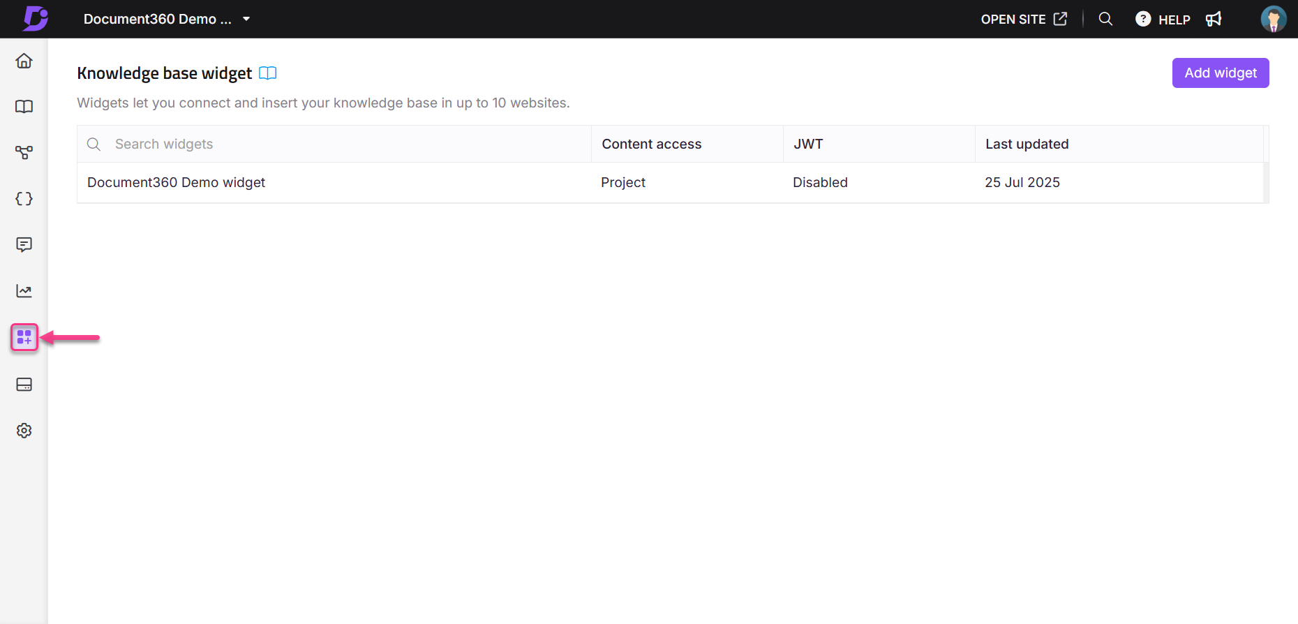 Document360 interface showing the knowledge base widget and options to add widgets.
