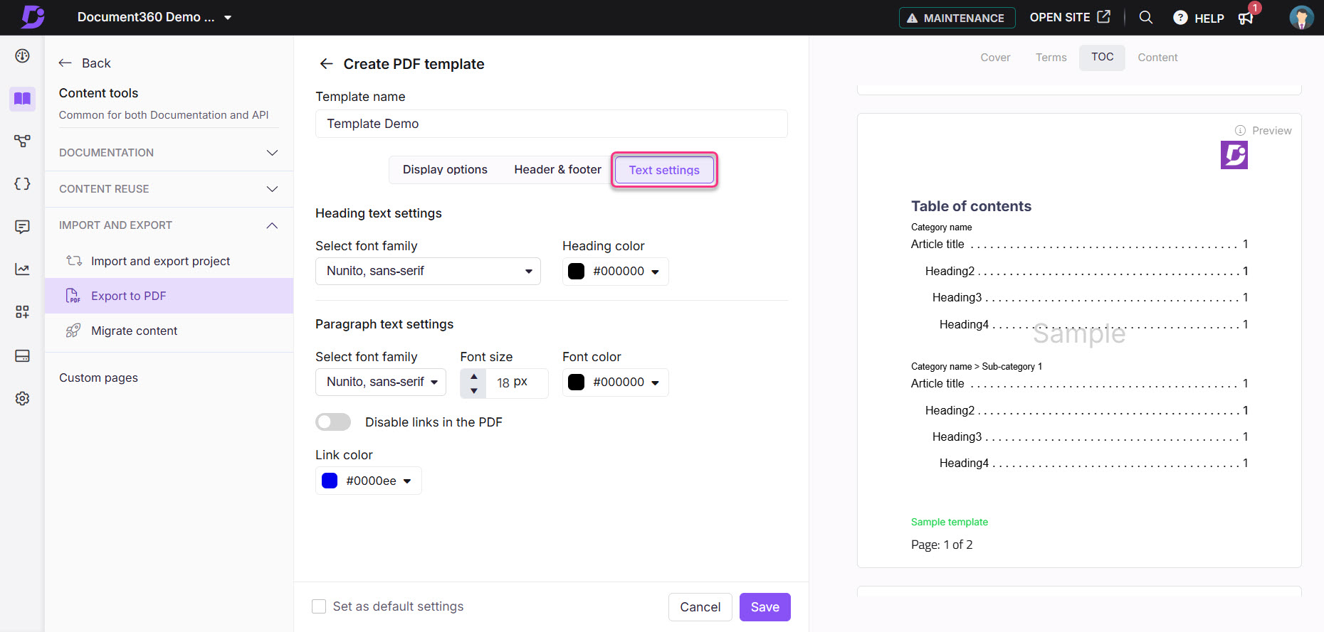 Settings for creating a PDF template, including font and color options.