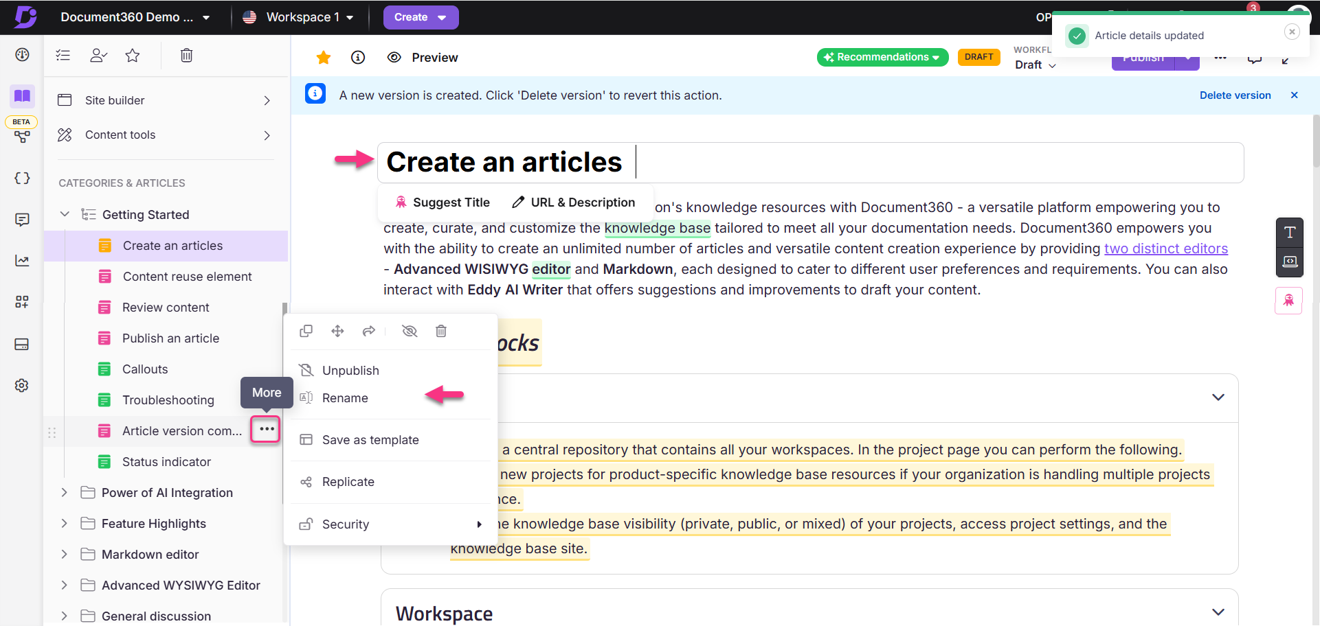 Document360 interface showing how to rename an article