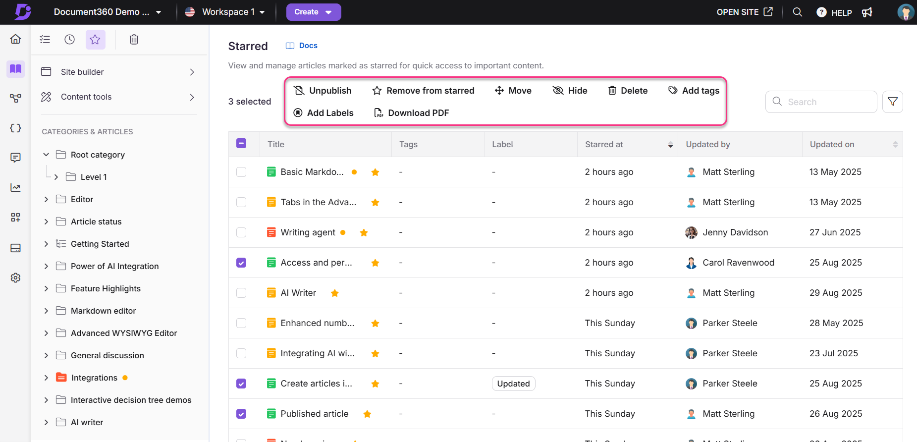 Manage starred articles with options to unpublish, download PDF, or add labels.