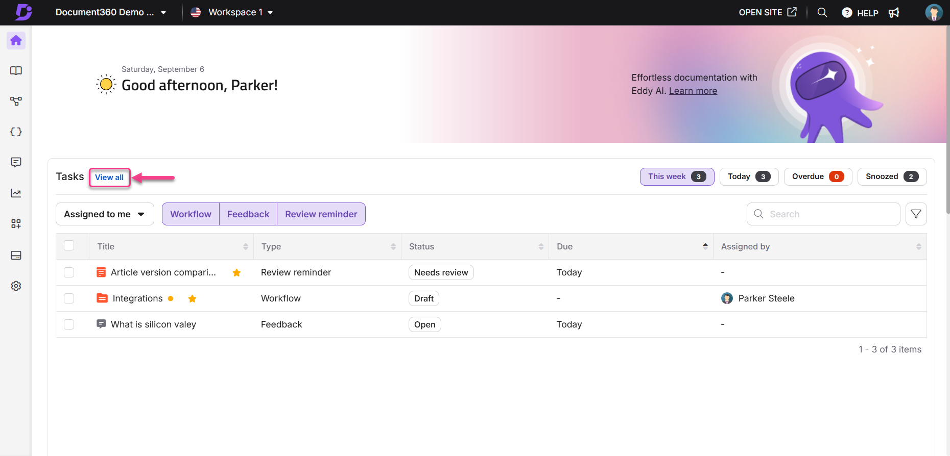 Task management interface showing tasks assigned to Parker with a 'View all' option.