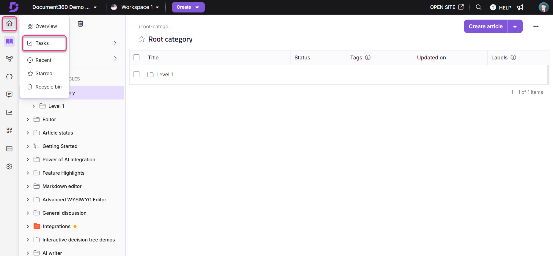 Document360 interface showing tasks, categories, and options for article creation.