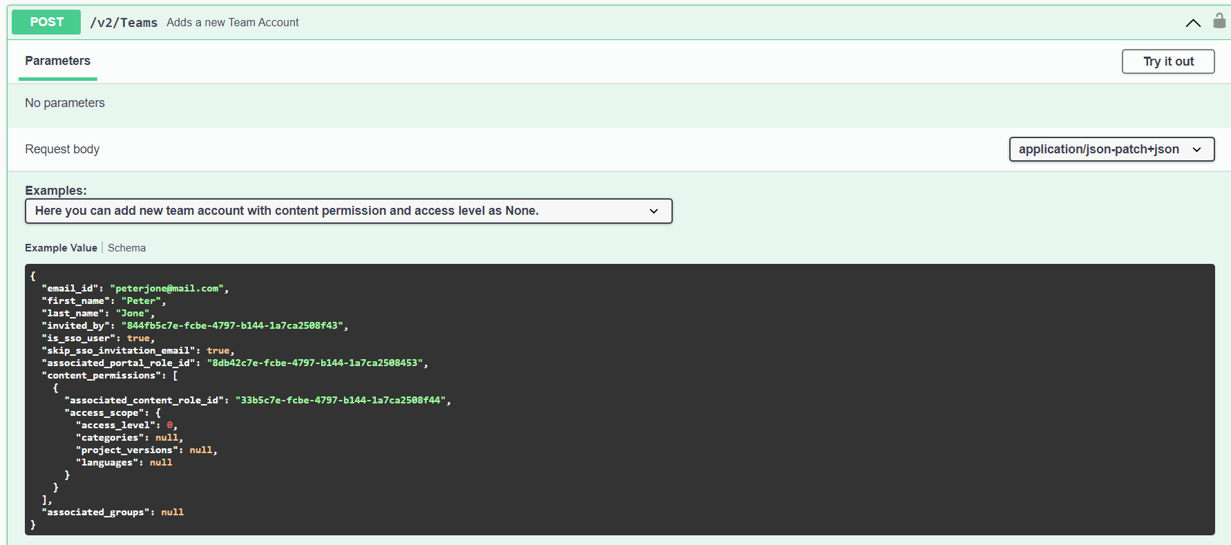 Image showing POST action in Swagger