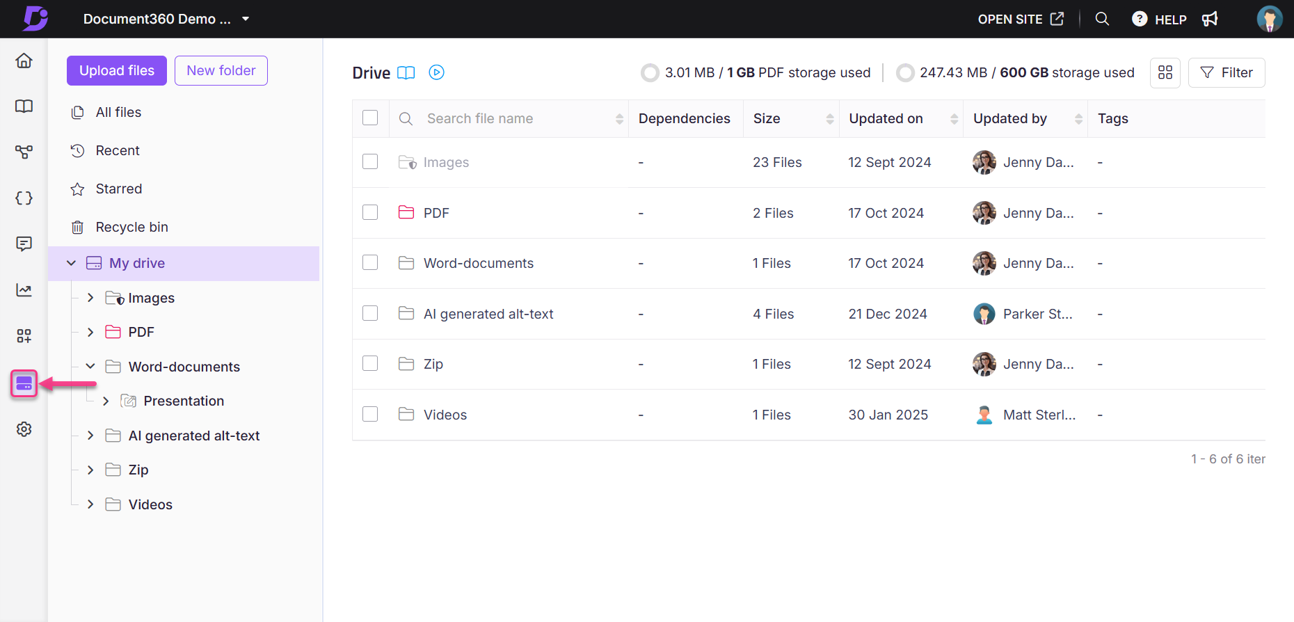 Document360 interface showing file categories and storage details in a drive view.