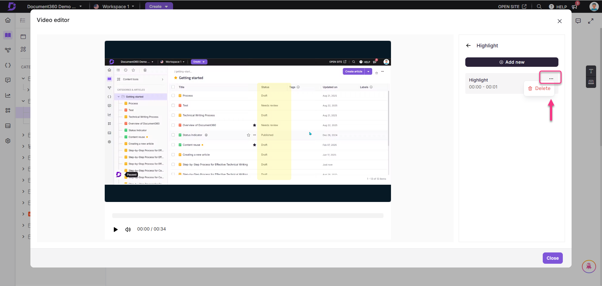 Video editor interface displaying article statuses and options for managing content.