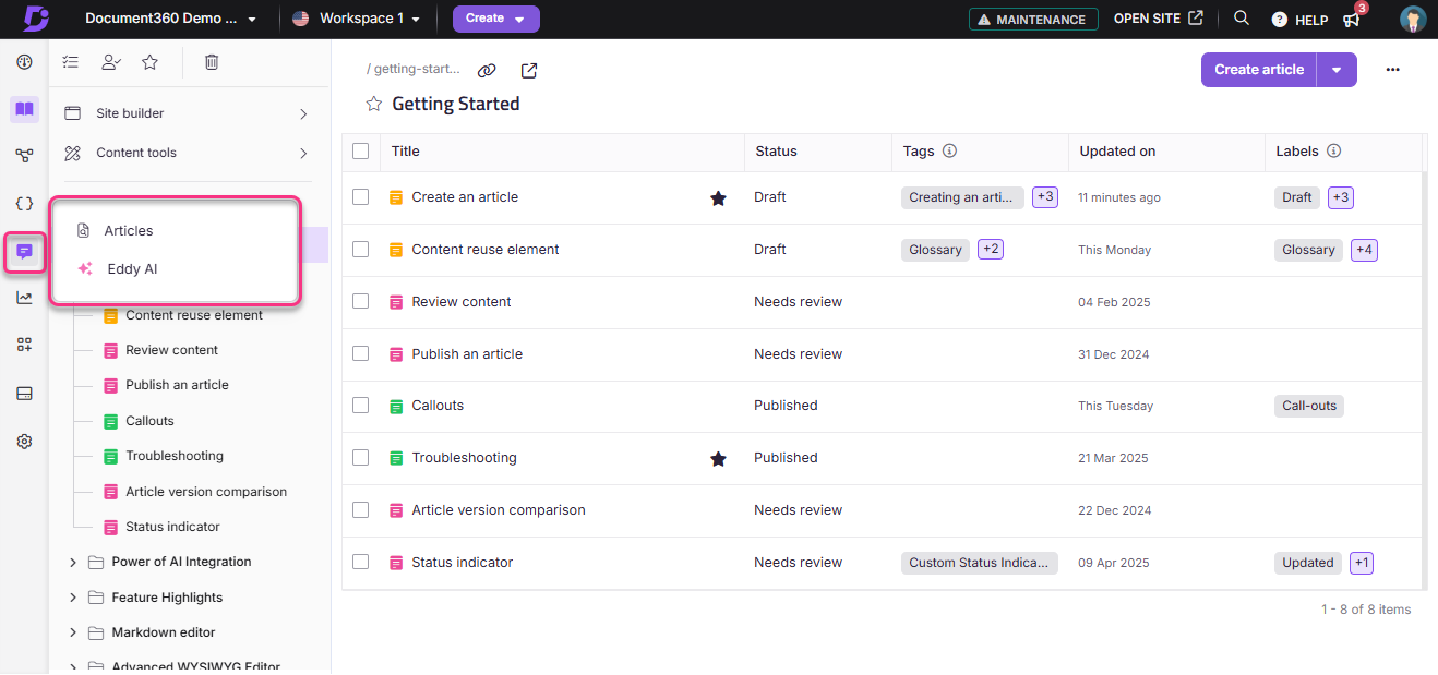 Document360 interface showing article management and content creation options for users.