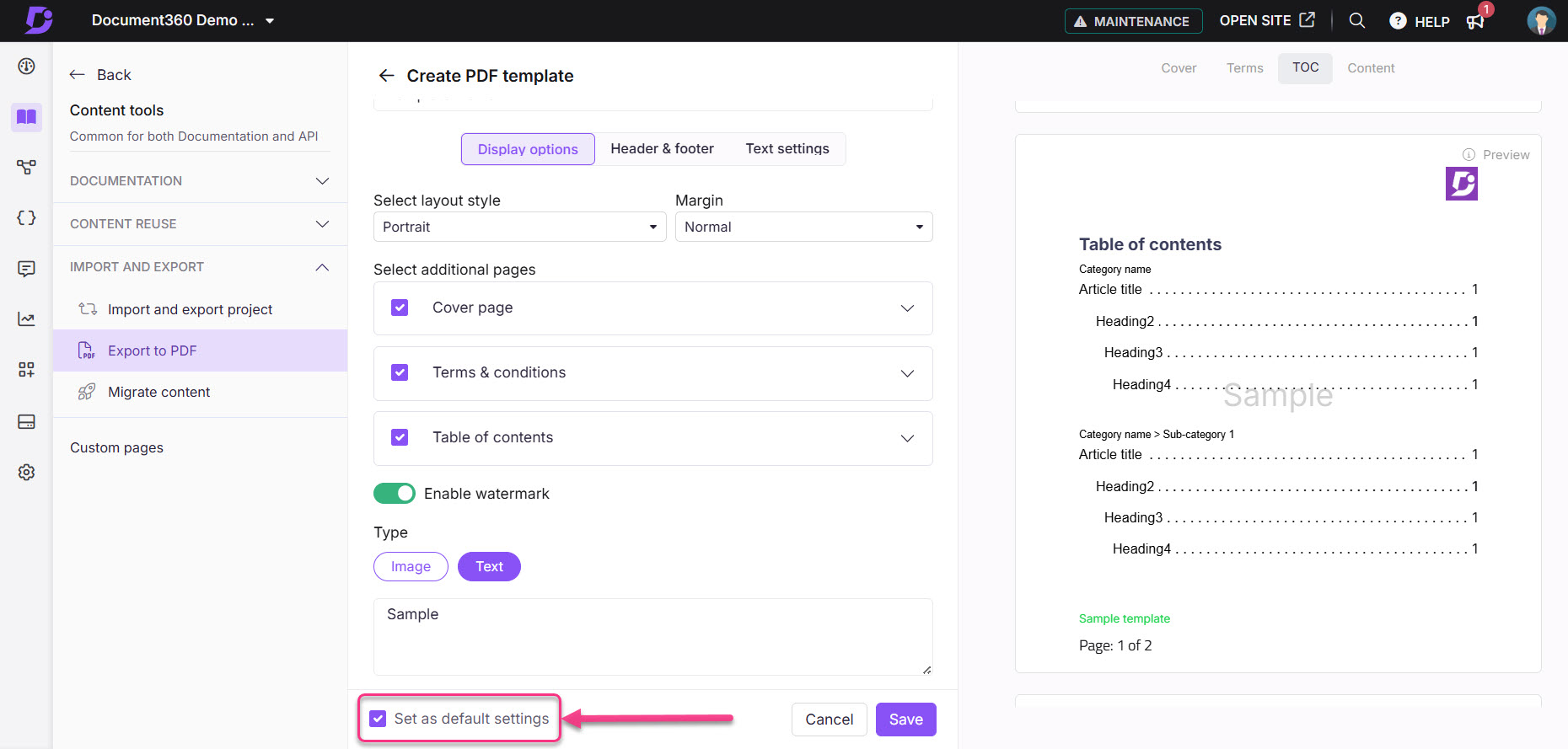 Settings for creating a PDF template with options for layout and additional pages.