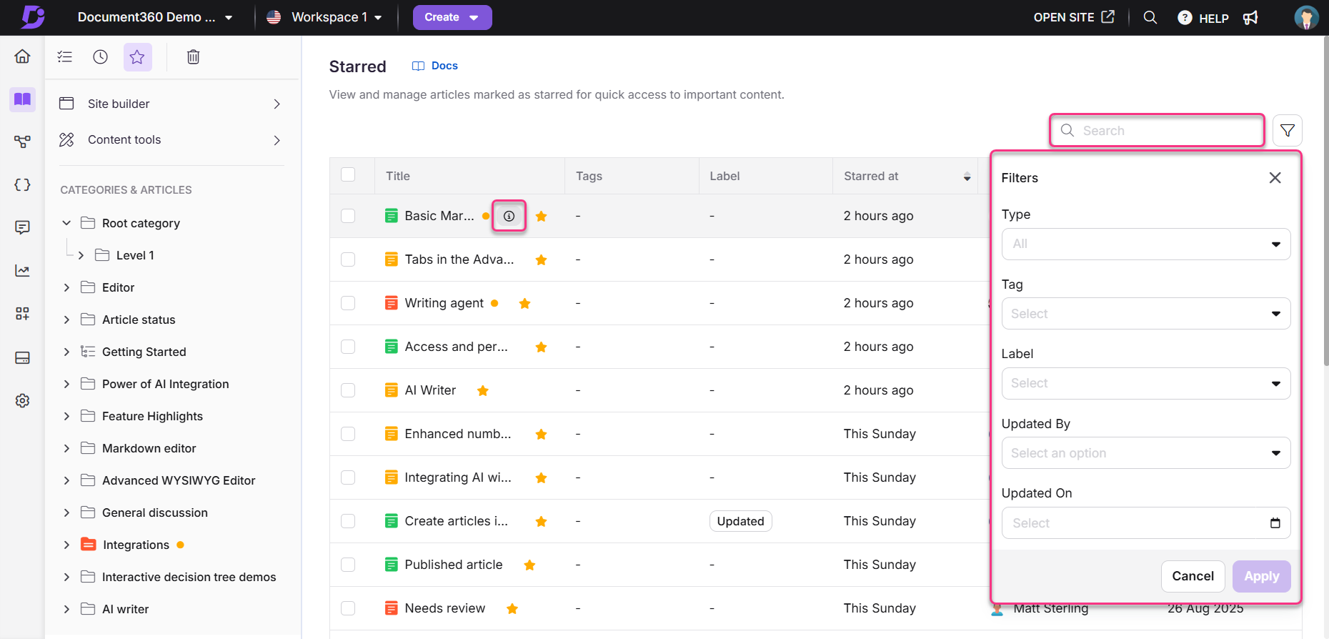 Interface showing starred articles with filter options for managing content efficiently.