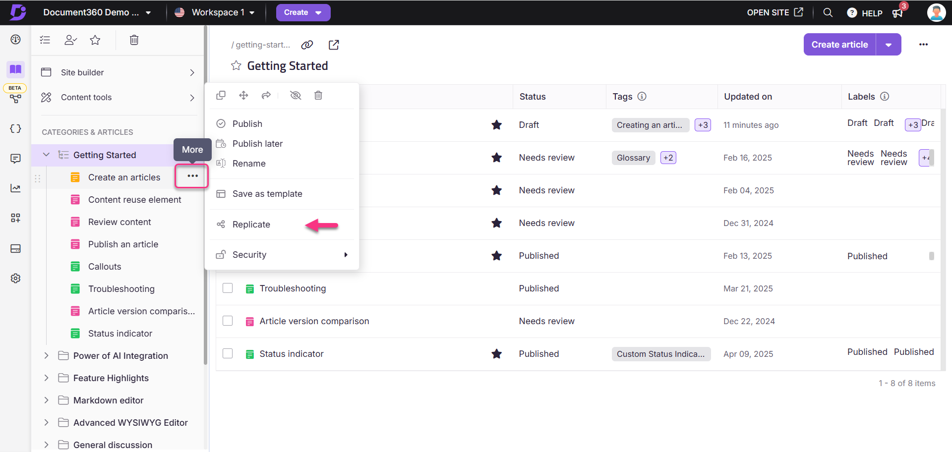Document60 interface shows how to replicate an article from the categories and article pane.