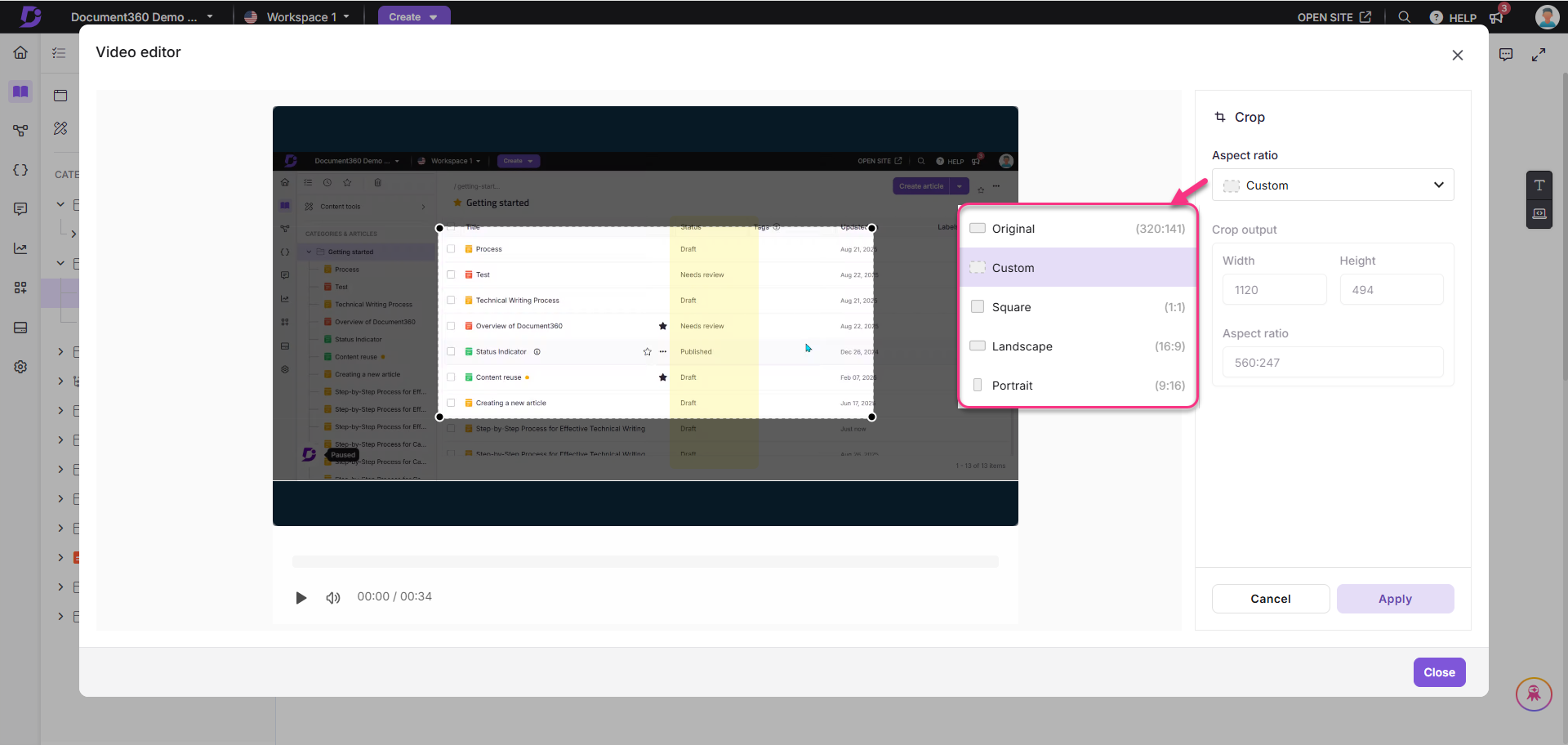 Video editor interface showing aspect ratio options and content list for editing.