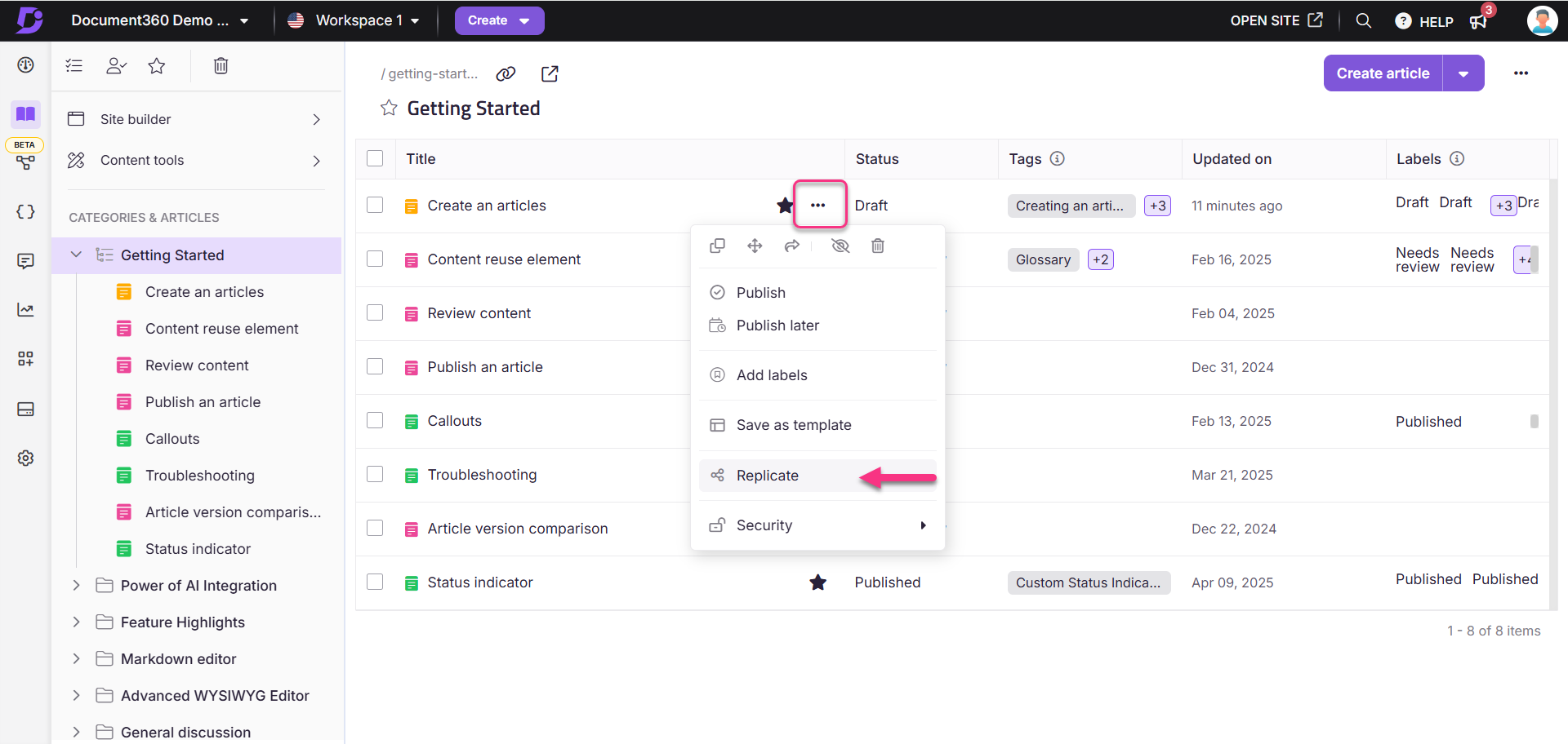 The Document360 interface shows how to replicate articles from the index/folder type category.