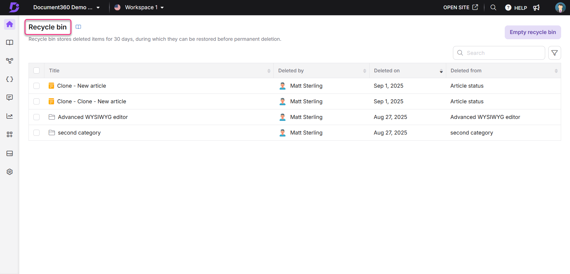 Recycle bin displaying deleted articles with details on deletion and user.