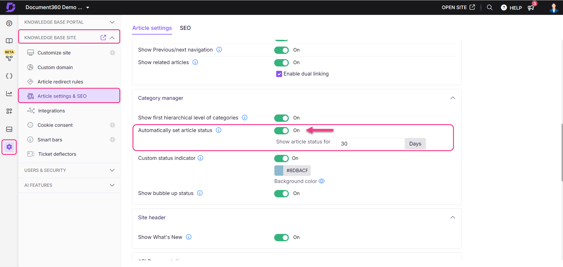 Image showing the option to set article status