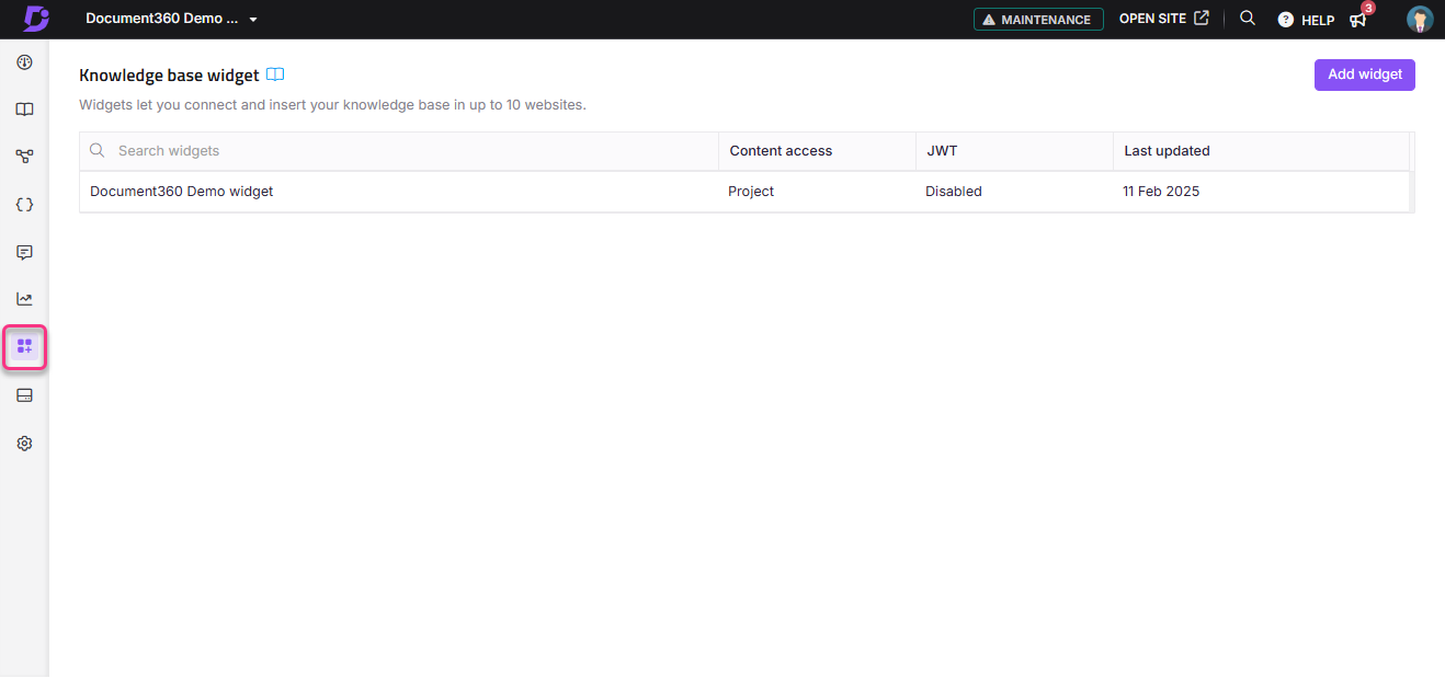 Document360 interface showing the Knowledge base widget and options for adding widgets.