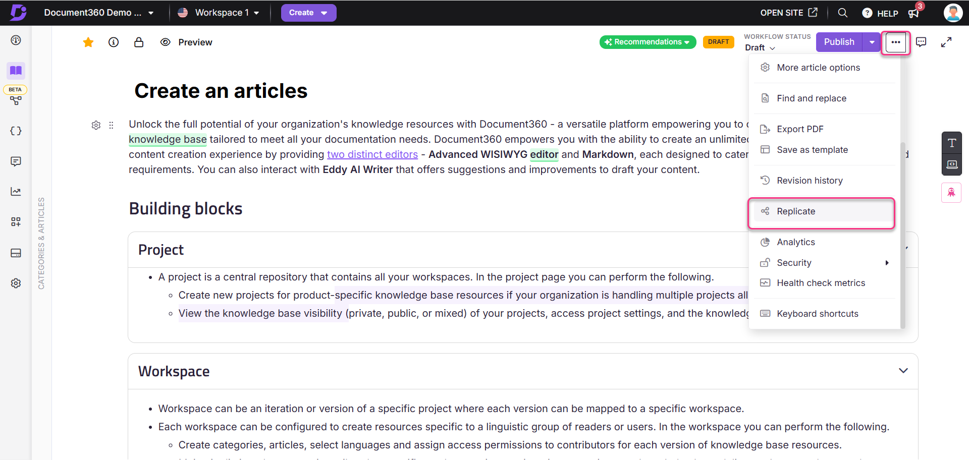 Document360 interface shows how to replicate an article from the editor more options