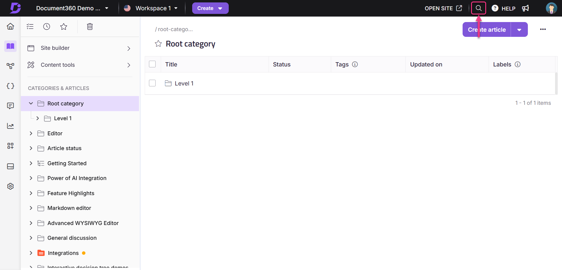 Document360 interface showing categories, articles, and options for creating content.