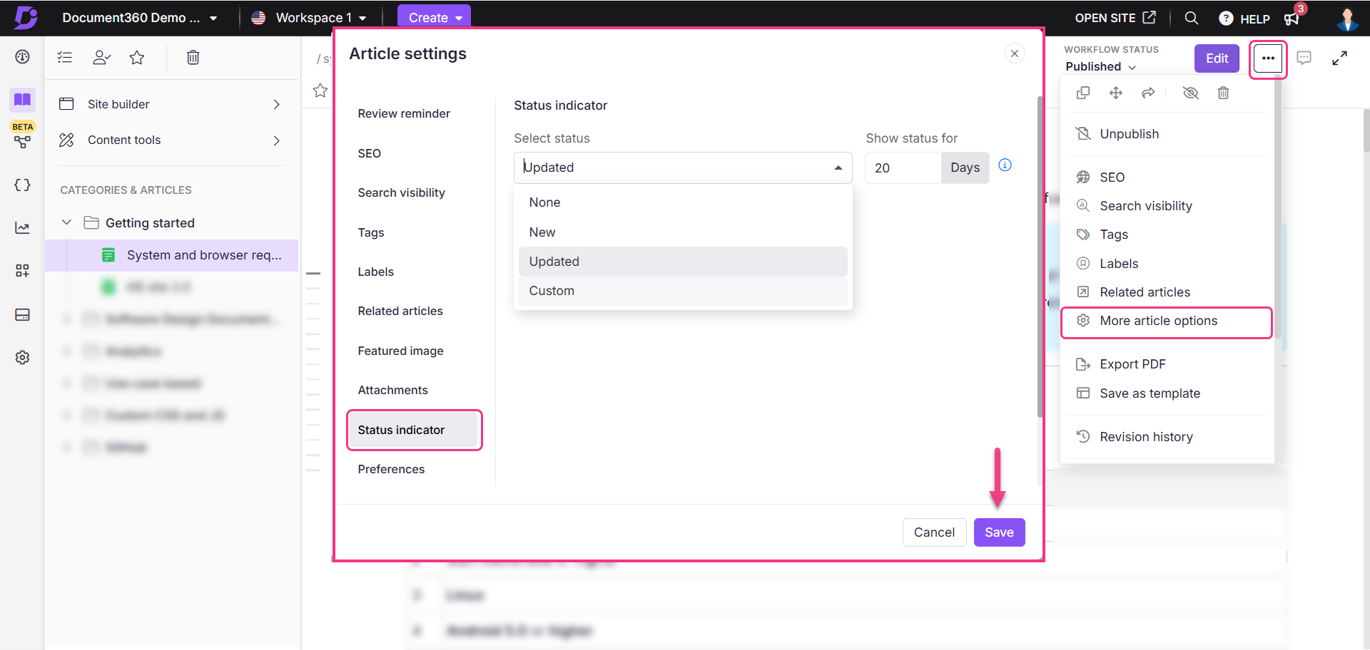Image showing the option to set status indicator in the article SEO settings