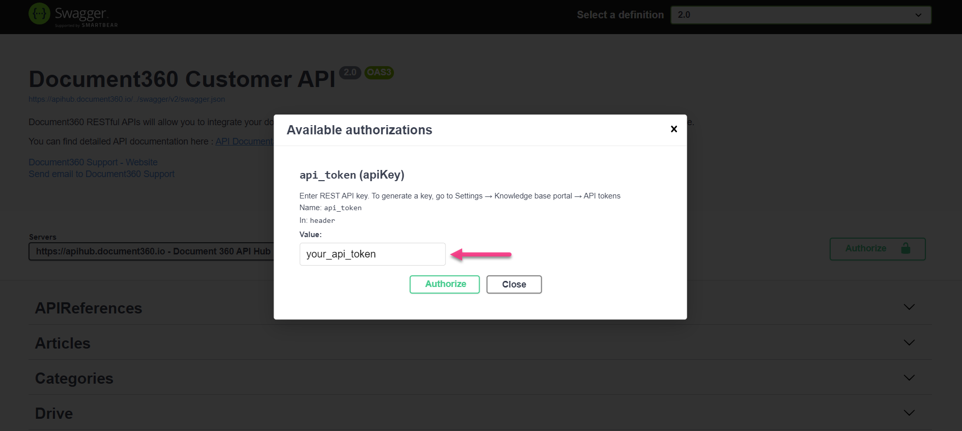Image showing authorize panel in Swagger