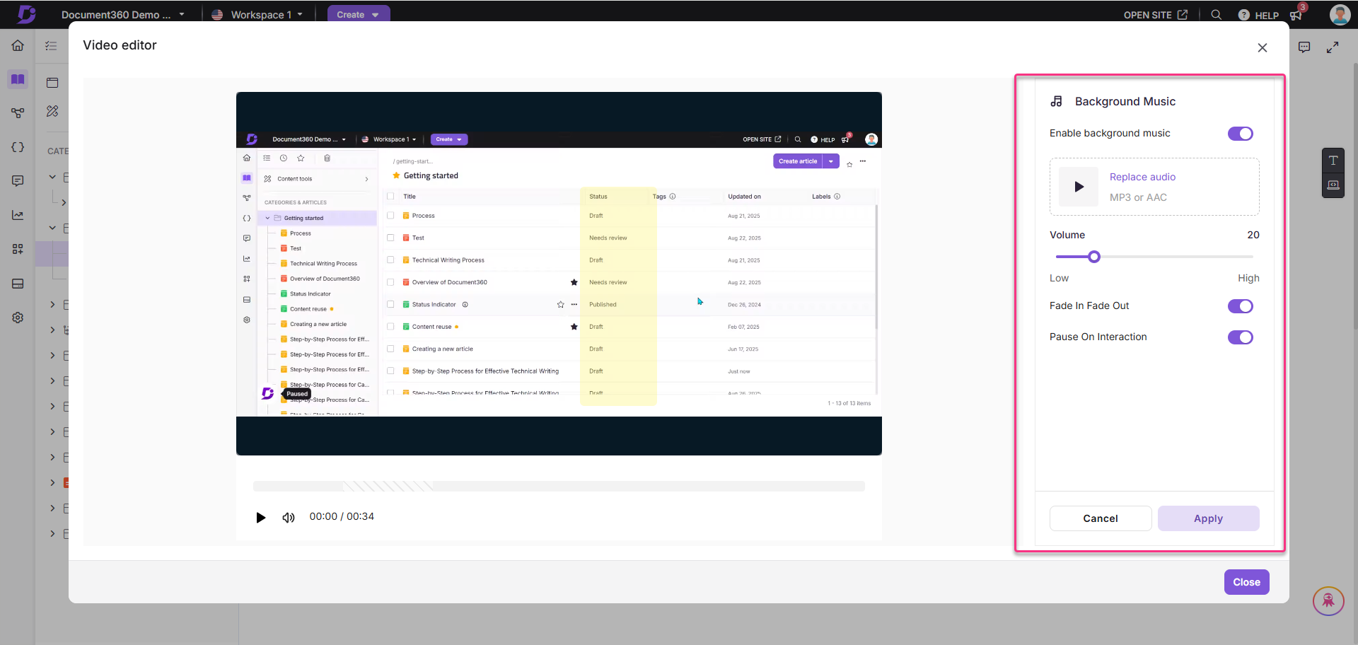 Video editor interface showing background music settings and article status updates.