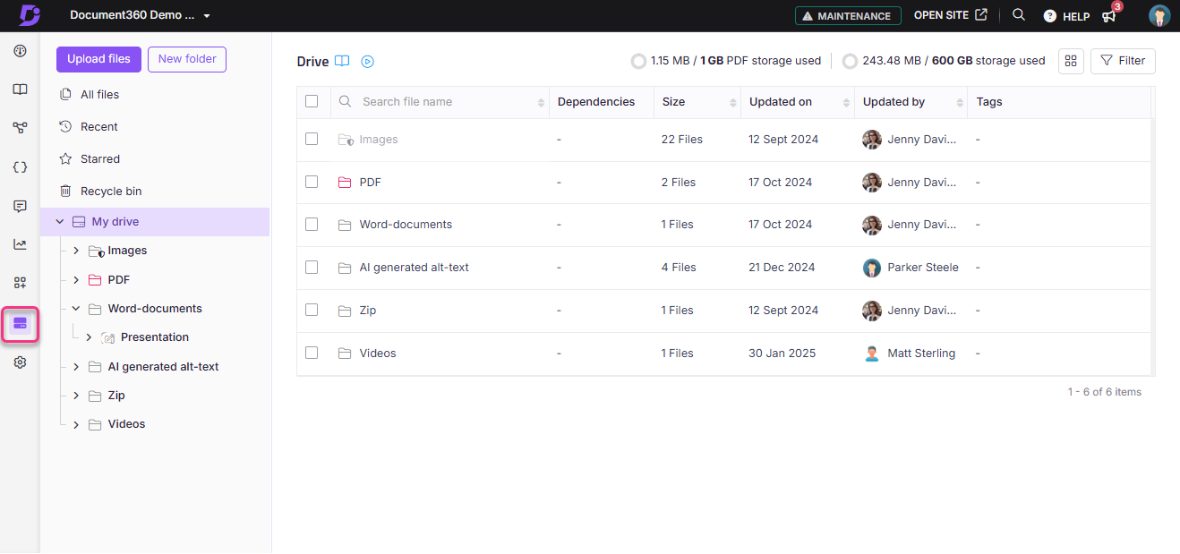 Document360 interface showing file organization and recent updates in My Drive section.
