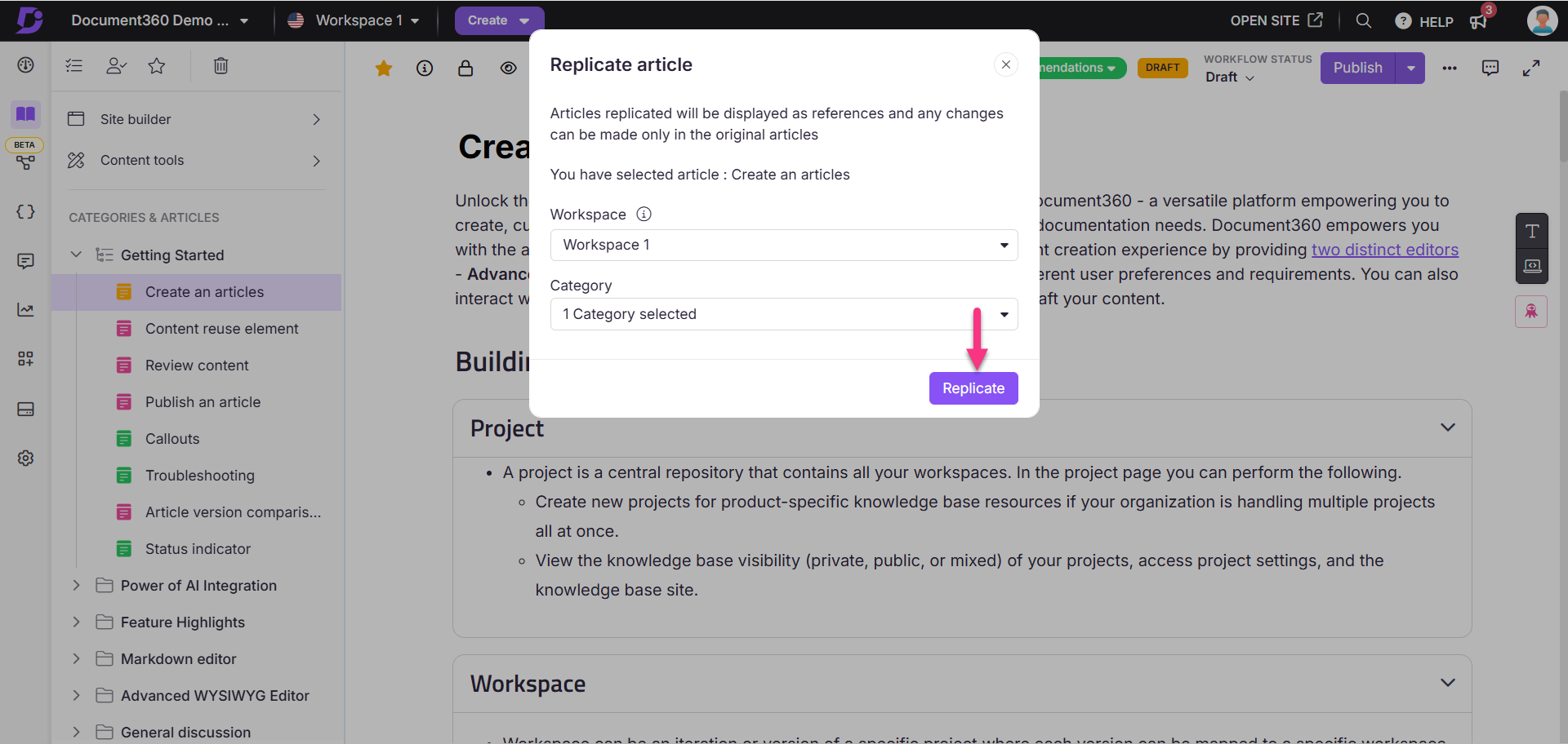 Document360 interface showing article replication options.