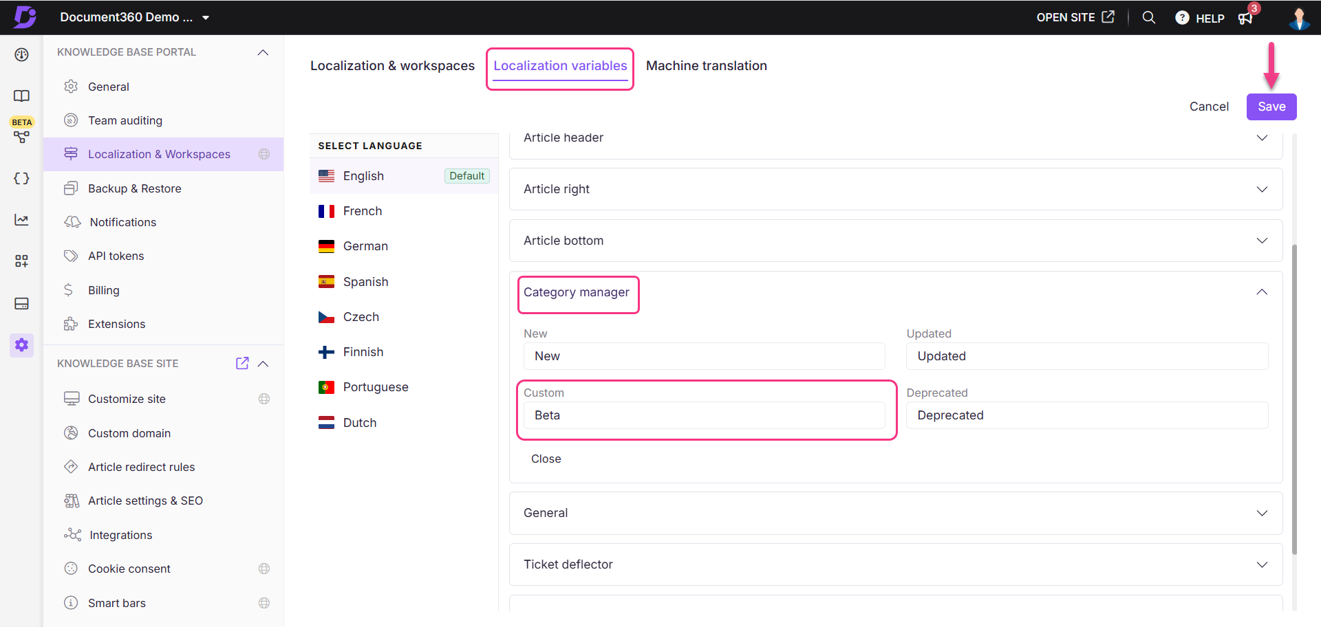 Image showing the option to set custom status indicator in the KB portal settings