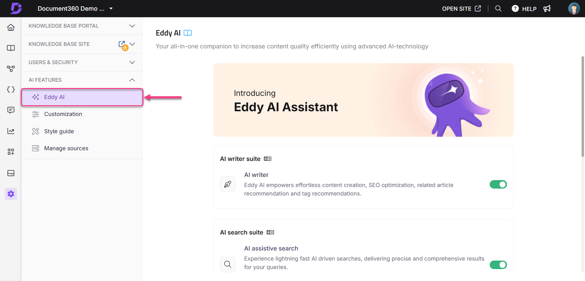 Eddy AI Assistant introduction with features for content creation and SEO optimization.