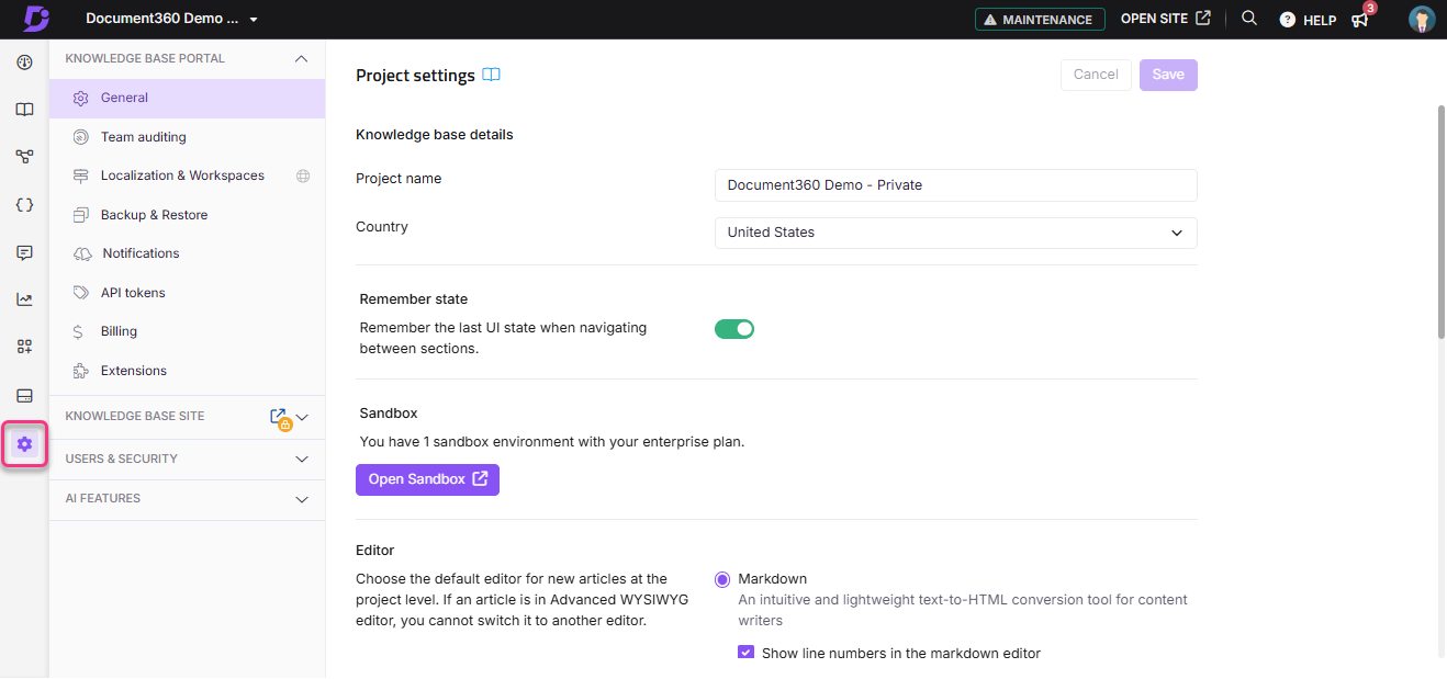 Settings menu for Document360 project management with highlighted options and features.