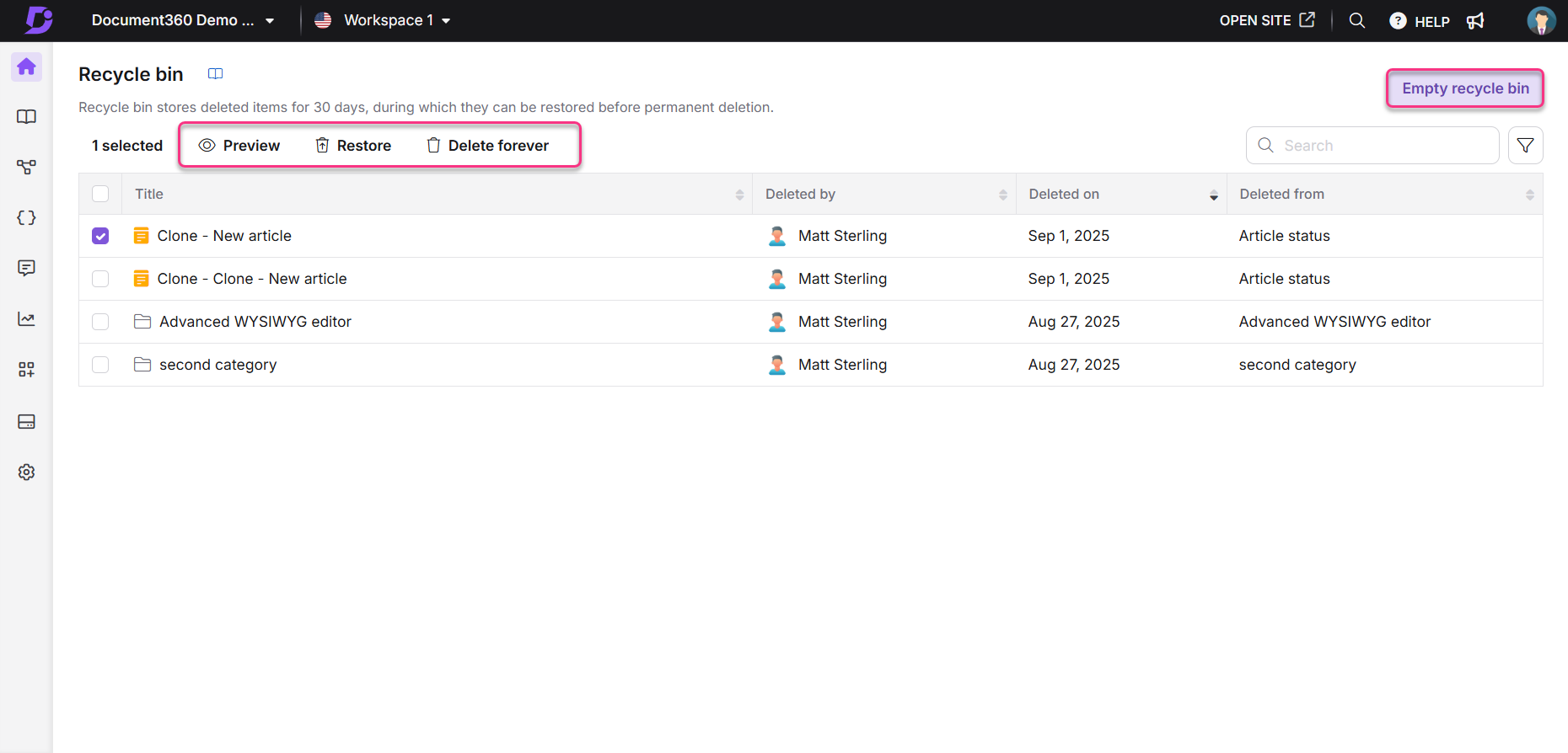 Document360 recycle bin interface showing options to preview, restore, or delete items.