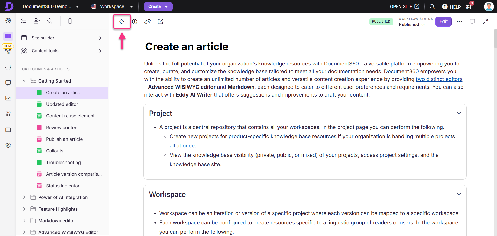 Document360 interface showing starring an article from the article editor header.