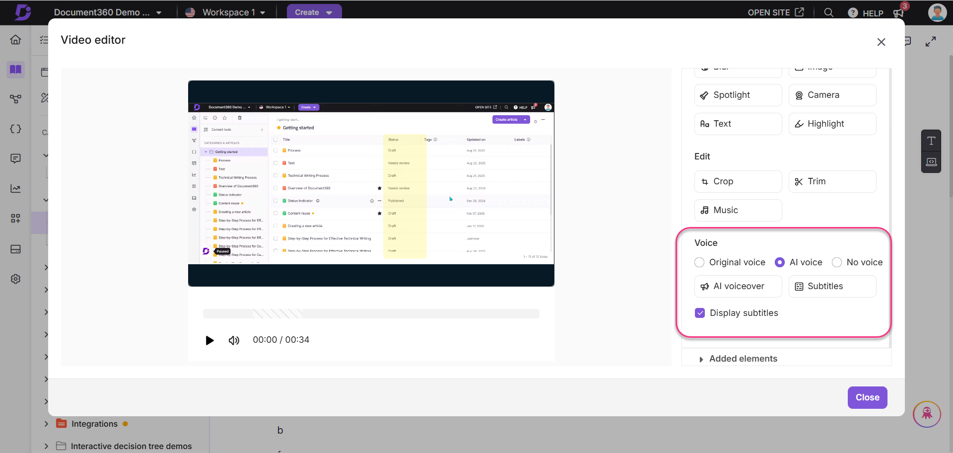 Video editor interface showing voice options and article status in Document360.