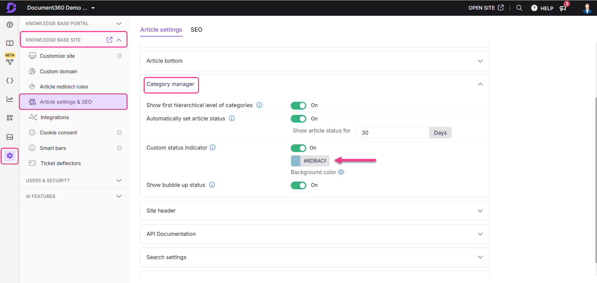 Image showing the option to customize the color of the Status indicator
