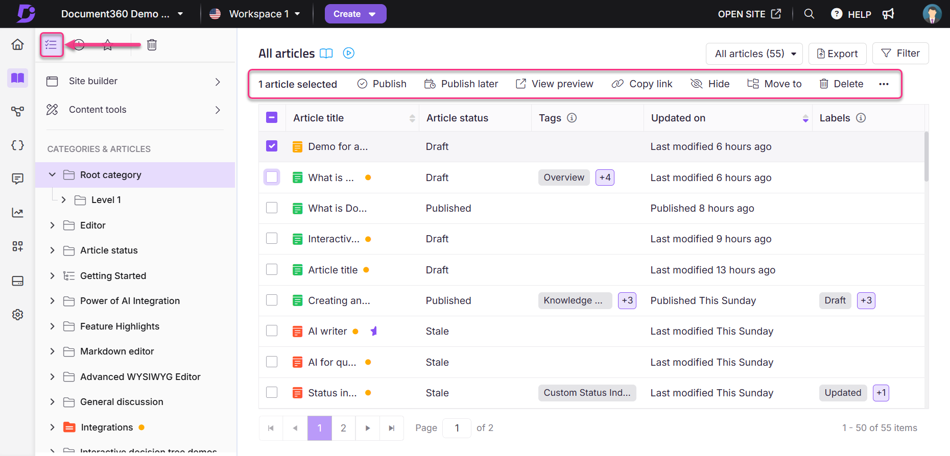 Document360 interface showing article management options and selected article details.