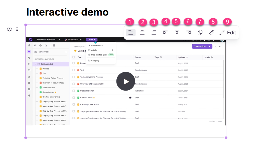 Interactive demo showcasing article creation and management features in Document360 interface.