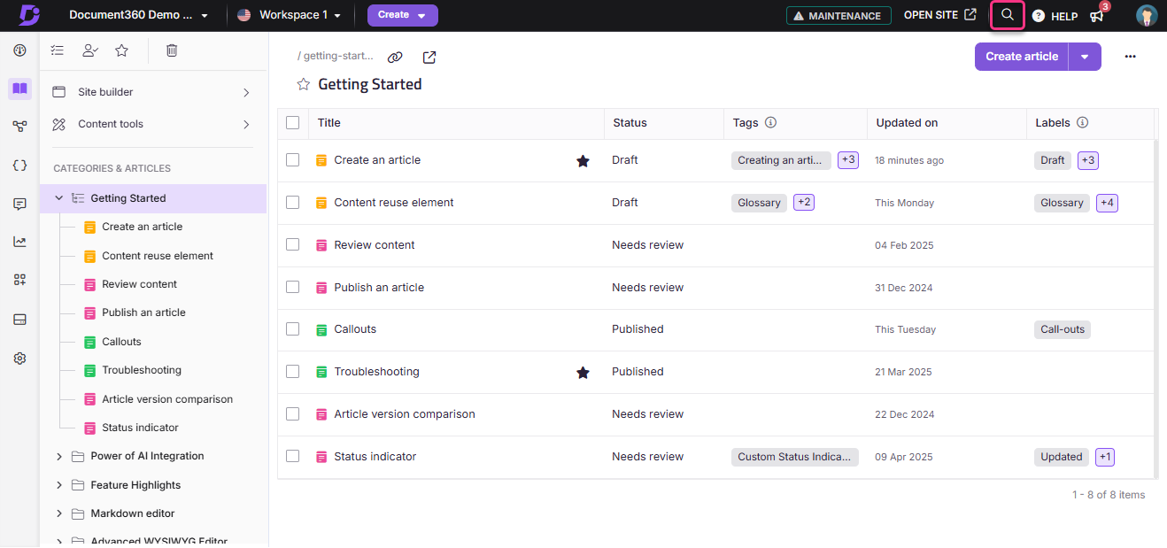 Overview of articles in the Getting Started section with their statuses and tags.