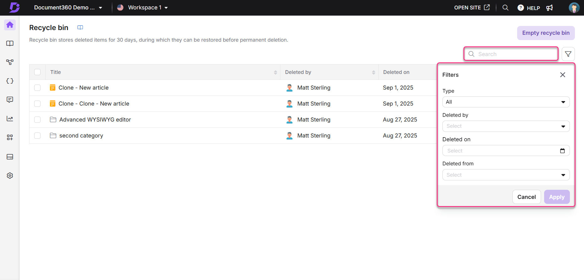 Recycle bin interface displaying deleted items with filter options for restoration.